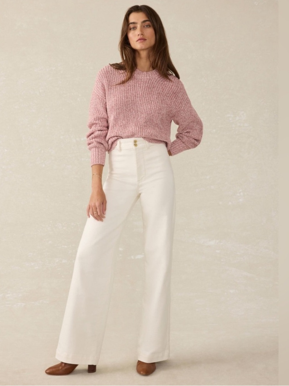 FAHERTY Stretch Terry Harbor High Rise Wide Leg Pants Egret Size 32 NEW